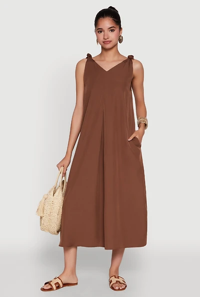 Womens Chic V-Neck Knot Strap Pleated Detail Sundress for Summer, Brown, Size S