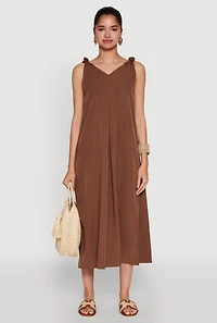Womens Chic V-Neck Knot Strap Pleated Detail Sundress for Summer, Brown, Size S