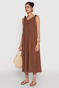 Womens Chic V-Neck Knot Strap Pleated Detail Sundress for Summer, Brown, Size S