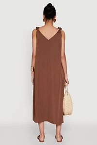 Womens Chic V-Neck Knot Strap Pleated Detail Sundress for Summer, Brown, Size S