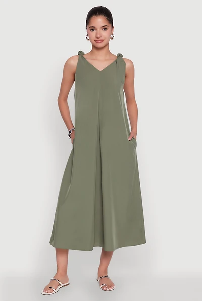 Womens Chic V-Neck Knot Strap Pleated Detail Sundress for Summer, Green, Size M