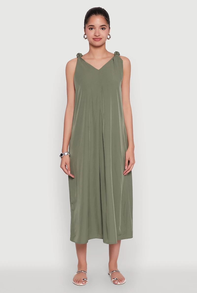 Womens Chic V-Neck Knot Strap Pleated Detail Sundress for Summer, Green, Size M