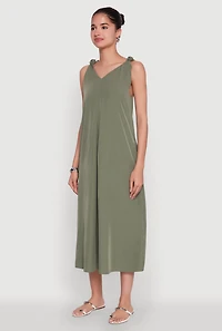 Womens Chic V-Neck Knot Strap Pleated Detail Sundress for Summer, Green, Size M