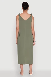Womens Chic V-Neck Knot Strap Pleated Detail Sundress for Summer, Green, Size M