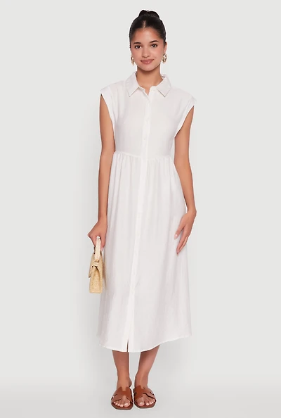 Womens Linen Mid Length Shirt Dress with Cap Sleeves, White, Size M