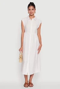 Linen Mid Length Shirt Dress with Cap Sleeves