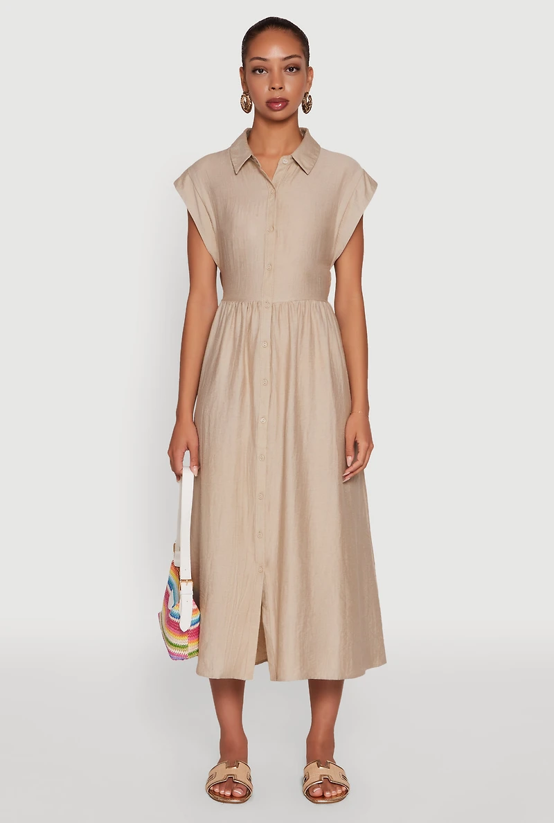 Womens Linen Mid Length Shirt Dress with Cap Sleeves,