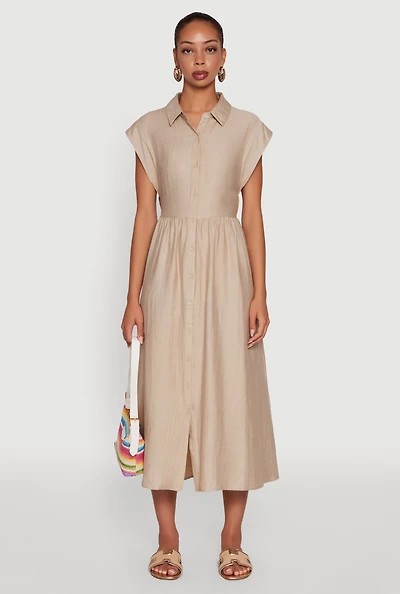 Womens Linen Mid Length Shirt Dress with Cap Sleeves,