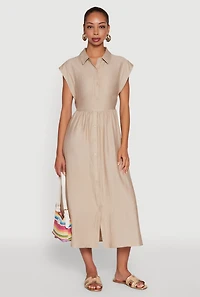 Womens Linen Mid Length Shirt Dress with Cap Sleeves,