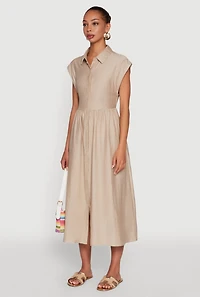 Womens Linen Mid Length Shirt Dress with Cap Sleeves,