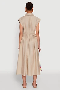 Womens Linen Mid Length Shirt Dress with Cap Sleeves,