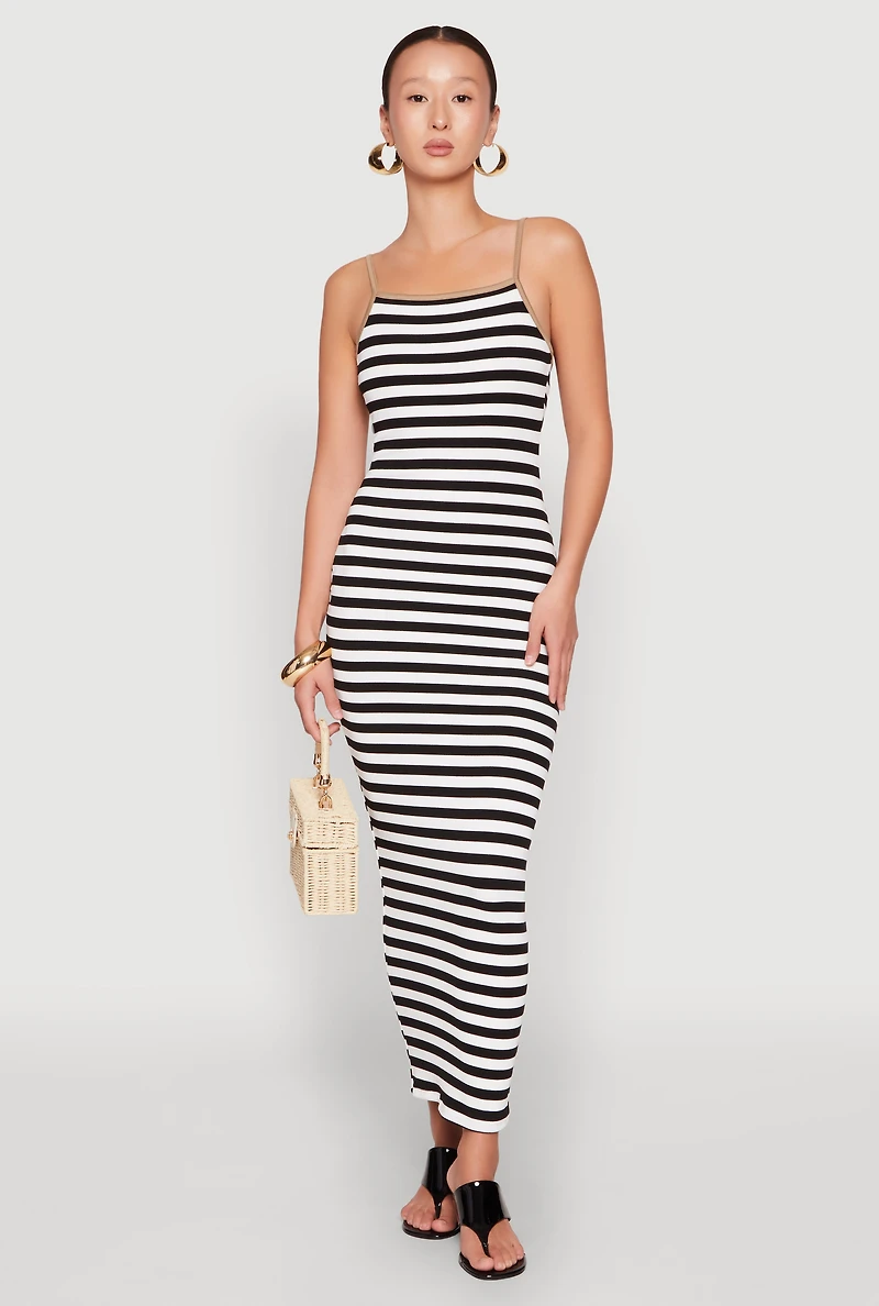 Womens Contrast Trim Striped Maxi Dress, Multi, Size L