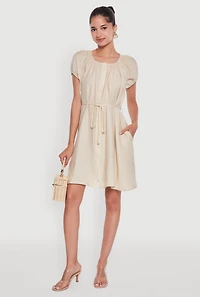 Womens Chic Linen Peasant Dress with Pockets and Tie Waist Belt, Beige,