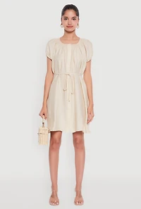 Womens Chic Linen Peasant Dress with Pockets and Tie Waist Belt, Beige,