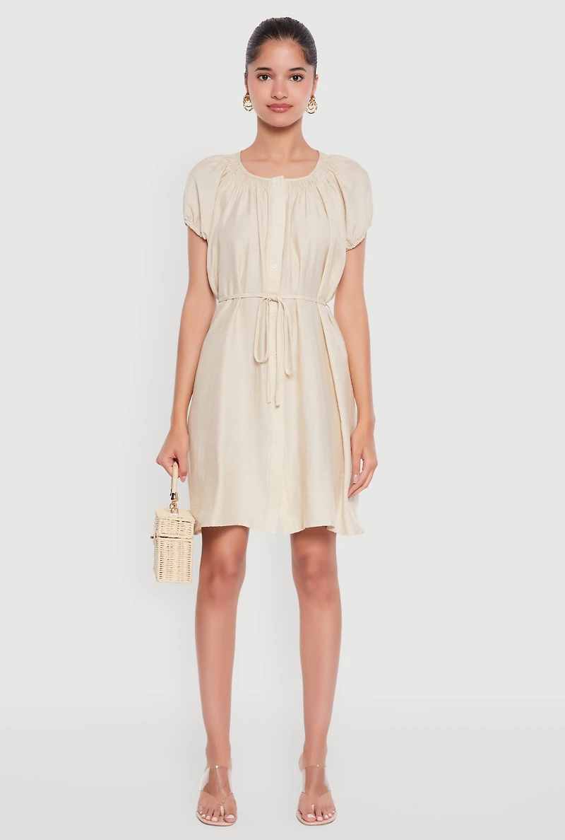 Womens Chic Linen Peasant Dress with Pockets and Tie Waist Belt, Beige,