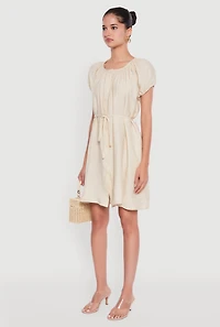 Womens Chic Linen Peasant Dress with Pockets and Tie Waist Belt, Beige,