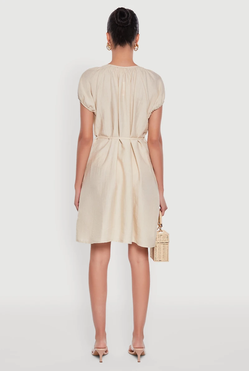 Womens Chic Linen Peasant Dress with Pockets and Tie Waist Belt, Beige,