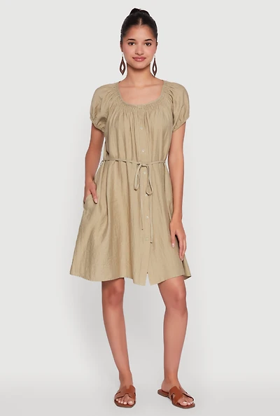 Womens Chic Linen Peasant Dress with Pockets and Tie Waist Belt, Beige,