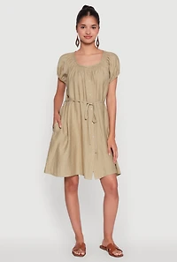 Womens Chic Linen Peasant Dress with Pockets and Tie Waist Belt, Beige,