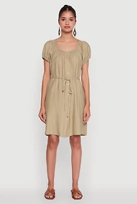 Womens Chic Linen Peasant Dress with Pockets and Tie Waist Belt, Beige,