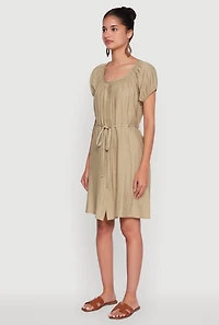 Womens Chic Linen Peasant Dress with Pockets and Tie Waist Belt, Beige,
