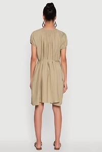 Womens Chic Linen Peasant Dress with Pockets and Tie Waist Belt,
