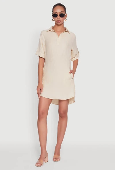 Womens Trendy Linen Shirt Dress with Short Sleeves and Collared Neck, Beige, Size S