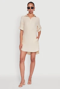 Womens Trendy Linen Shirt Dress with Short Sleeves and Collared Neck, Beige, Size S