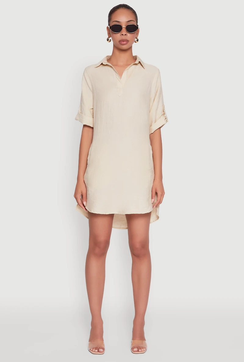 Womens Trendy Linen Shirt Dress with Short Sleeves and Collared Neck, Beige, Size S