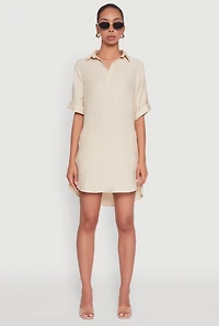 Womens Trendy Linen Shirt Dress with Short Sleeves and Collared Neck, Beige, Size S