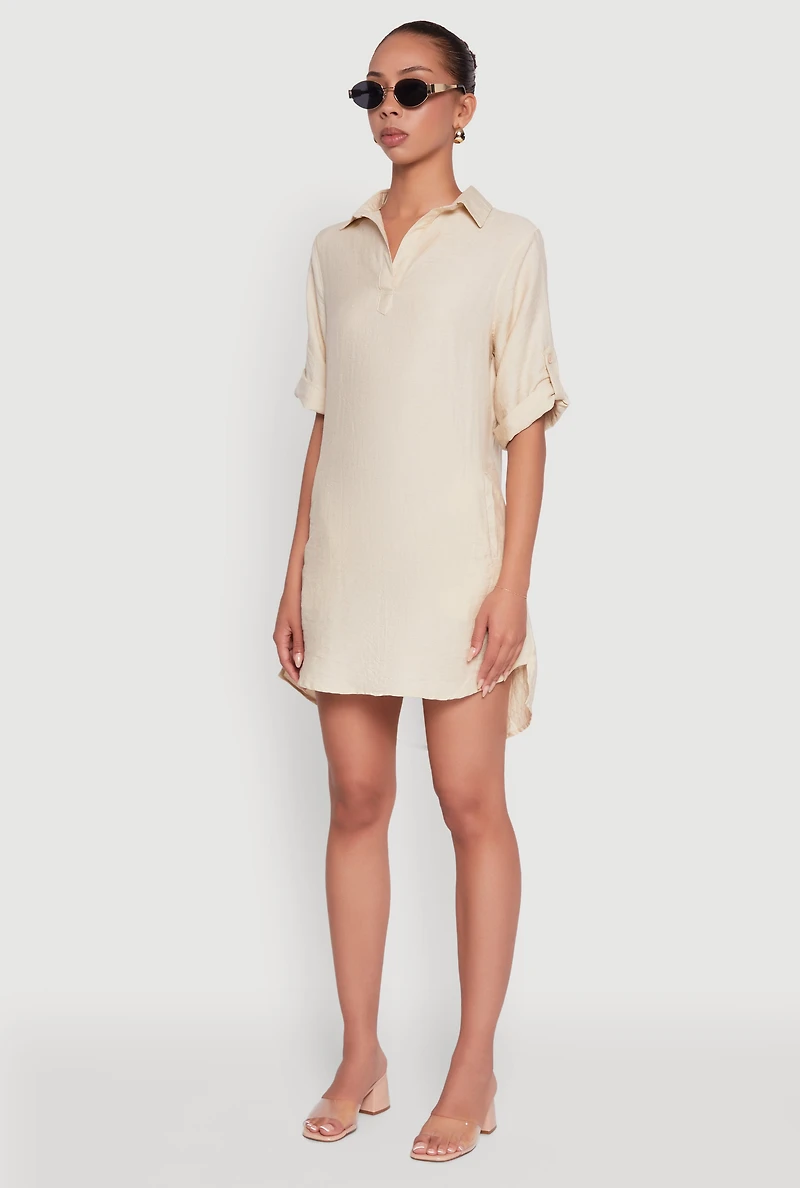 Womens Trendy Linen Shirt Dress with Short Sleeves and Collared Neck, Beige, Size S