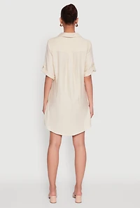 Womens Trendy Linen Shirt Dress with Short Sleeves and Collared Neck, Beige, Size S