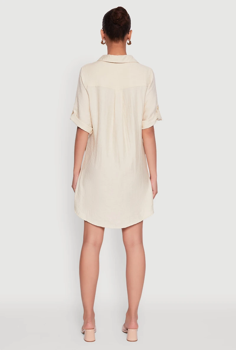 Womens Trendy Linen Shirt Dress with Short Sleeves and Collared Neck, Beige, Size M