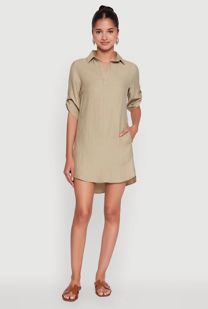Womens Trendy Linen Shirt Dress with Short Sleeves and Collared Neck, Green, Size M