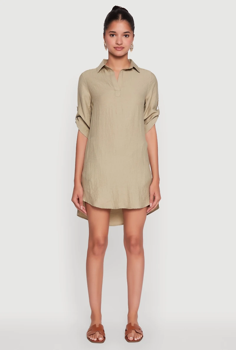 Womens Trendy Linen Shirt Dress with Short Sleeves and Collared Neck, Green, Size M