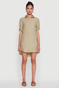 Womens Trendy Linen Shirt Dress with Short Sleeves and Collared Neck, Green, Size M