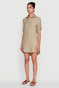 Womens Trendy Linen Shirt Dress with Short Sleeves and Collared Neck, Green, Size M