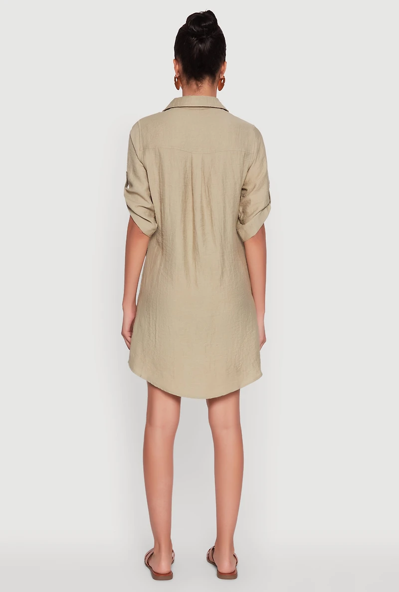 Womens Trendy Linen Shirt Dress with Short Sleeves and Collared Neck, Green, Size M