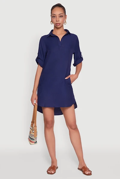 Womens Trendy Linen Shirt Dress with Short Sleeves and Collared Neck, Blue, Size M