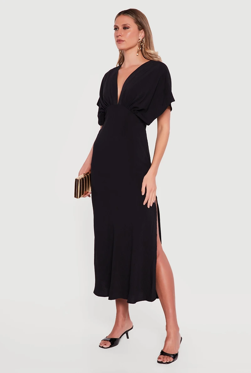 Batwing Sleeve Empire Waist Dress with Side Slit