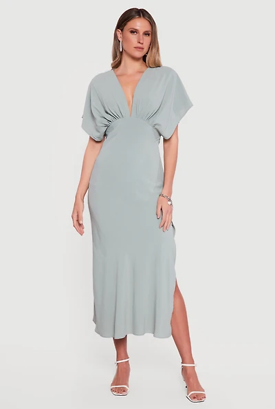 Batwing Sleeve Empire Waist Dress with Side Slit