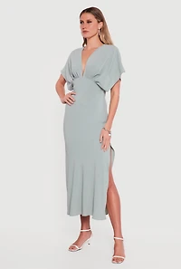 Batwing Sleeve Empire Waist Dress with Side Slit