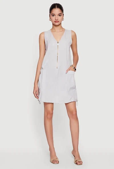 Half Zip Front Drawstring Hem Cargo Dress