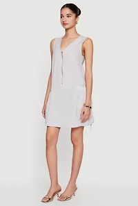 Half Zip Front Drawstring Hem Cargo Dress