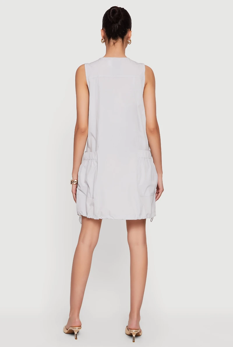 Half Zip Front Drawstring Hem Cargo Dress