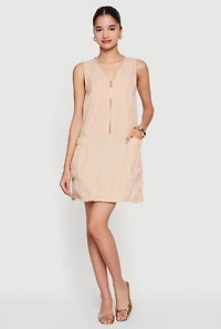 Half Zip Front Drawstring Hem Cargo Dress