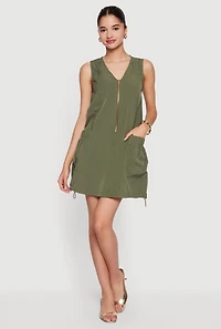 Half Zip Front Drawstring Hem Cargo Dress