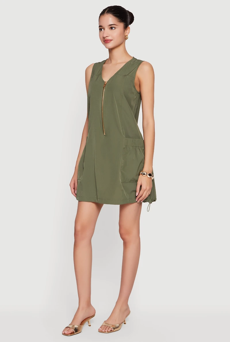 Half Zip Front Drawstring Hem Cargo Dress