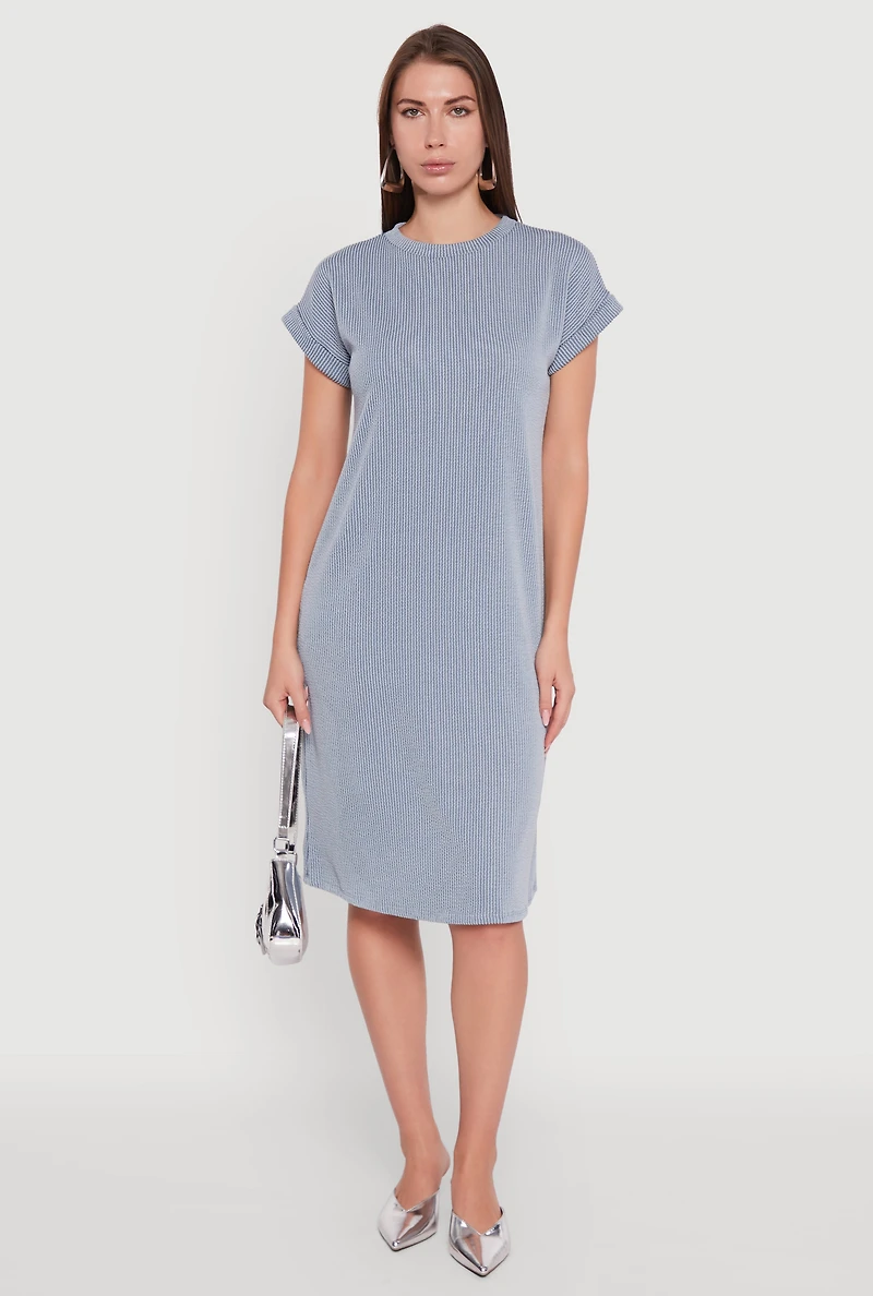 Womens Rib Knit Shadow Stripe Fixed Cuff T-Shirt Dress,