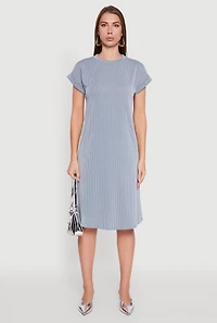 Womens Rib Knit Shadow Stripe Fixed Cuff T-Shirt Dress,